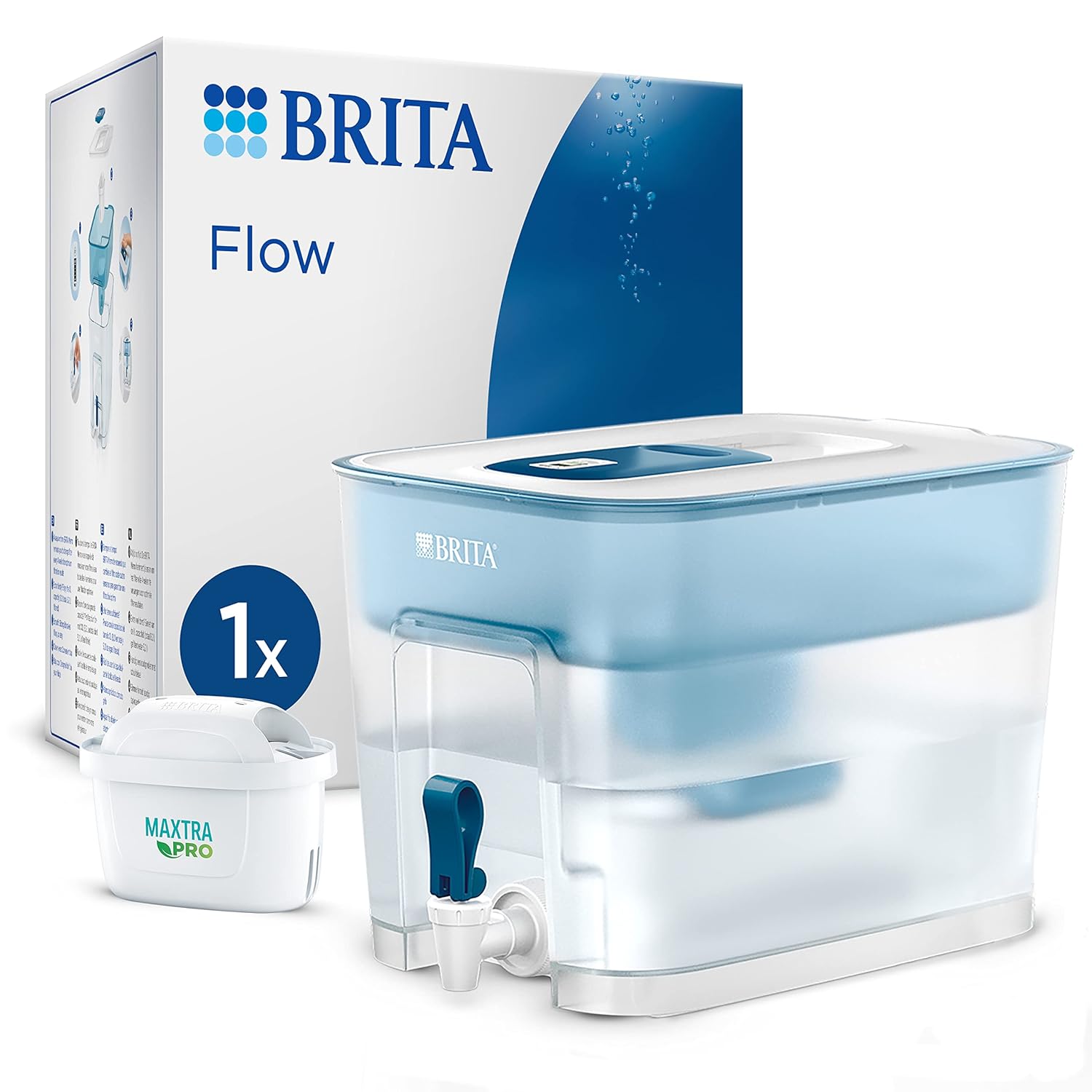 BRITA XXL MAXTRA Flow water filter tank in blue and white, shown with its retail box and a MAXTRA PRO cartridge